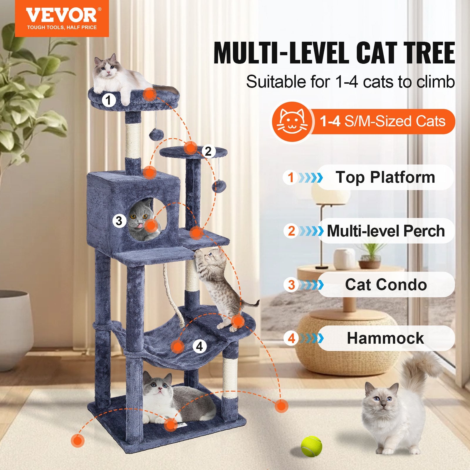 Cat Tree 143 cm Cat Tower with Cat Condo Sisal Scratching Post Dark Grey V952-DXSMS6C1FSH0P76KKV0