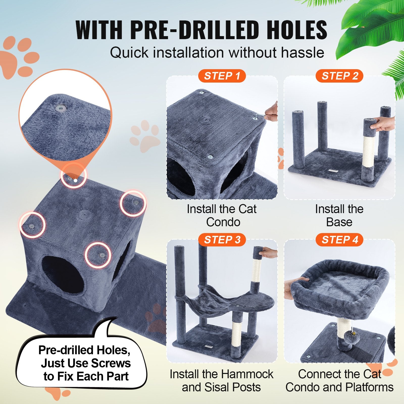 Cat Tree 143 cm Cat Tower with Cat Condo Sisal Scratching Post Dark Grey V952-DXSMS6C1FSH0P76KKV0