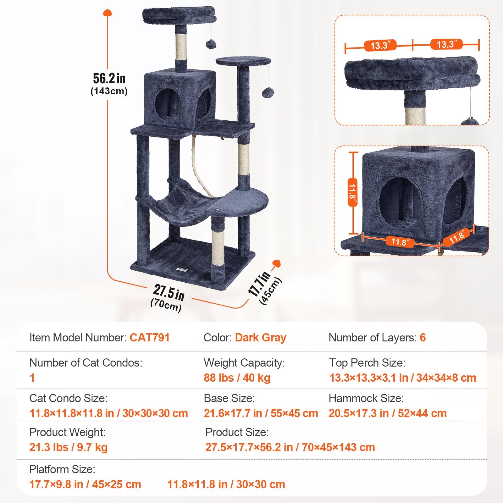 Cat Tree 143 cm Cat Tower with Cat Condo Sisal Scratching Post Dark Grey V952-DXSMS6C1FSH0P76KKV0