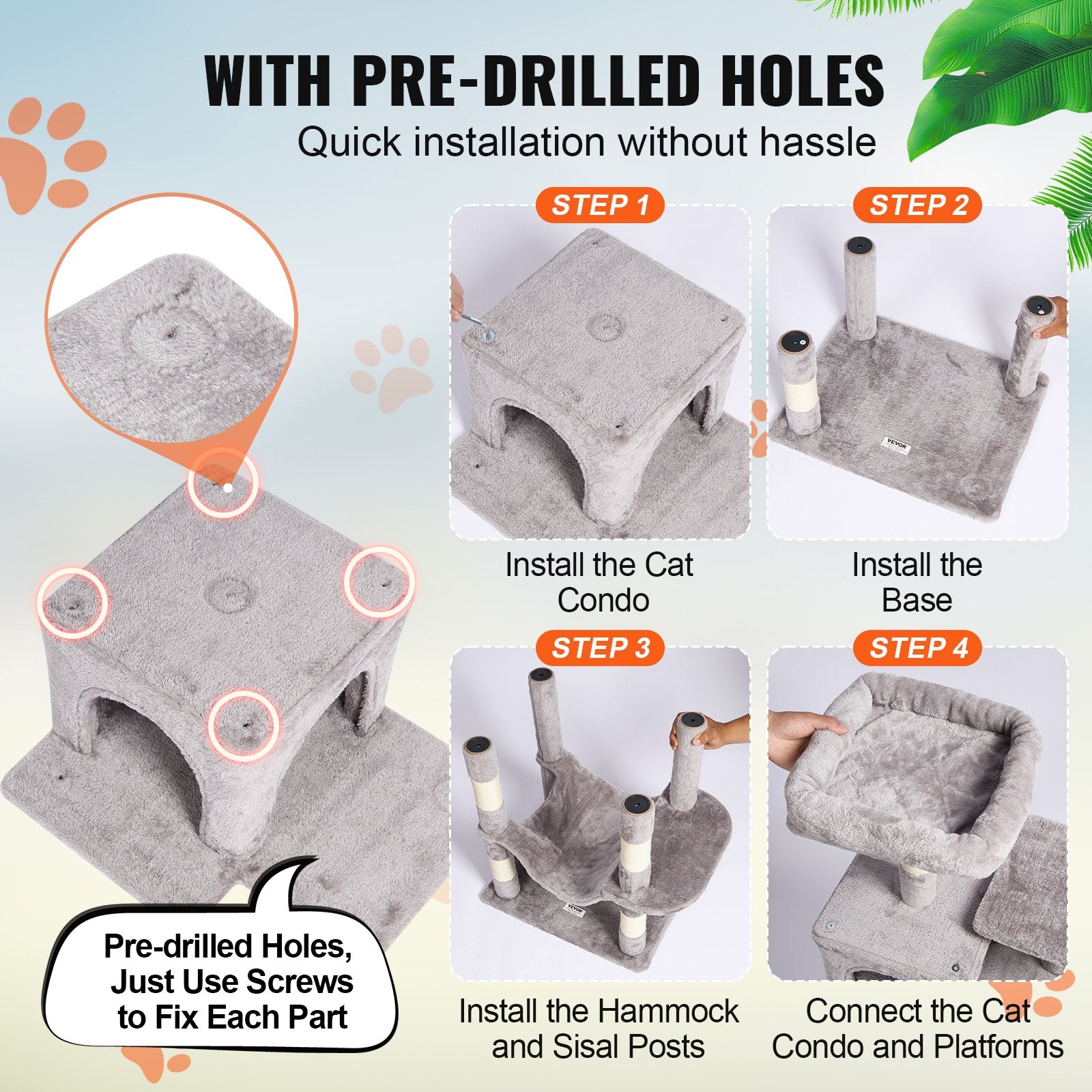 Cat Tree 160 cm Cat Tower with 2 Cat Condos Scratching Post Light Grey V952-DXSMS7C2FQH0PX1IIV0