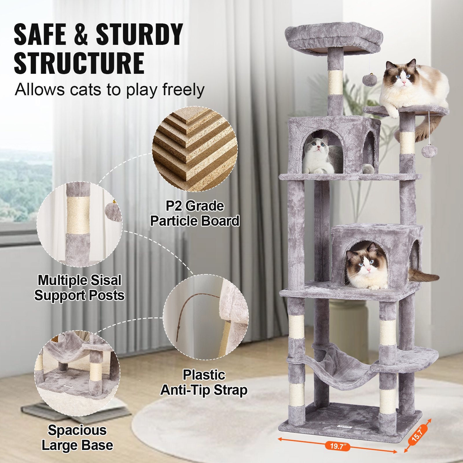 Cat Tree 160 cm Cat Tower with 2 Cat Condos Scratching Post Light Grey V952-DXSMS7C2FQH0PX1IIV0