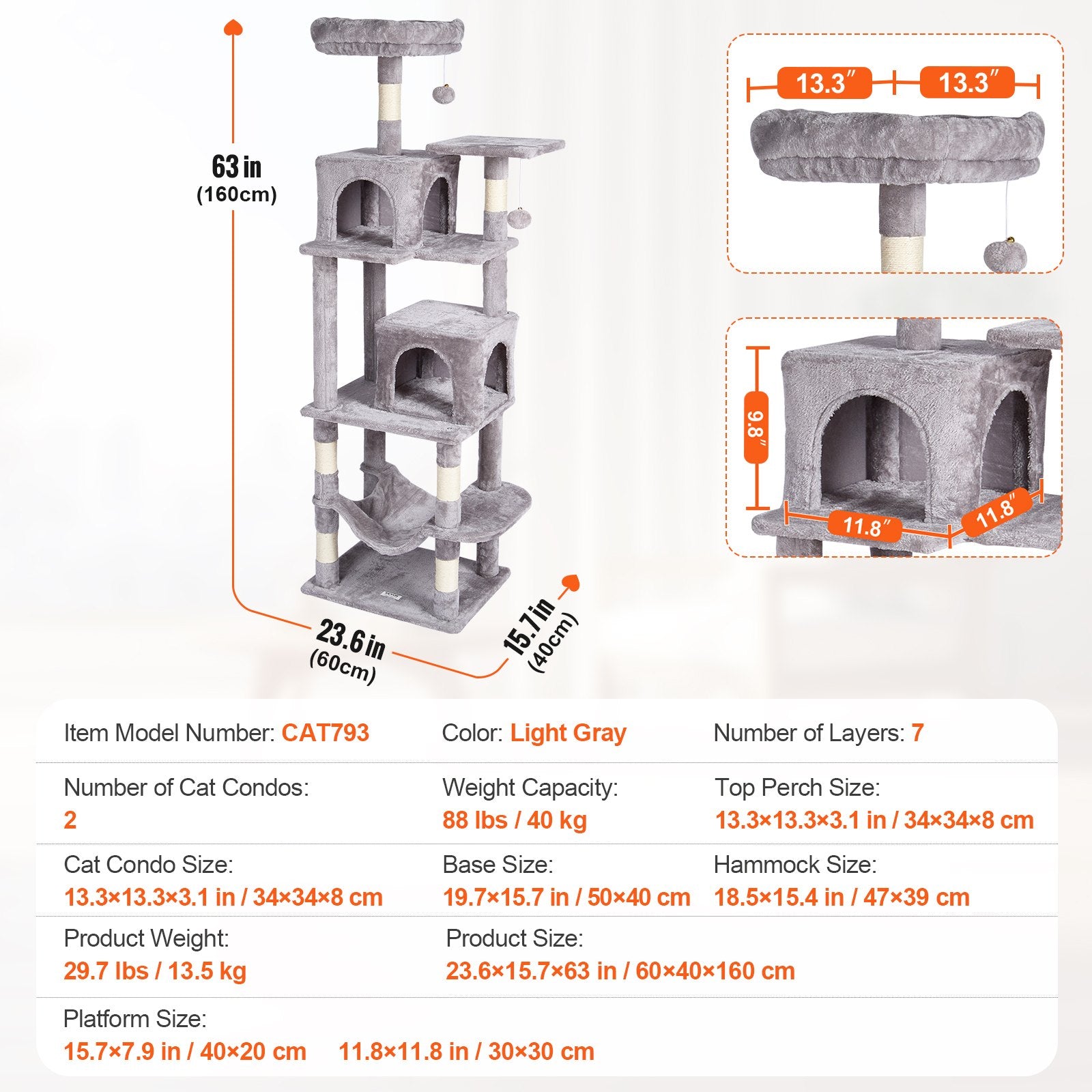 Cat Tree 160 cm Cat Tower with 2 Cat Condos Scratching Post Light Grey V952-DXSMS7C2FQH0PX1IIV0