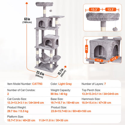 Cat Tree 160 cm Cat Tower with 2 Cat Condos Scratching Post Light Grey V952-DXSMS7C2FQH0PX1IIV0