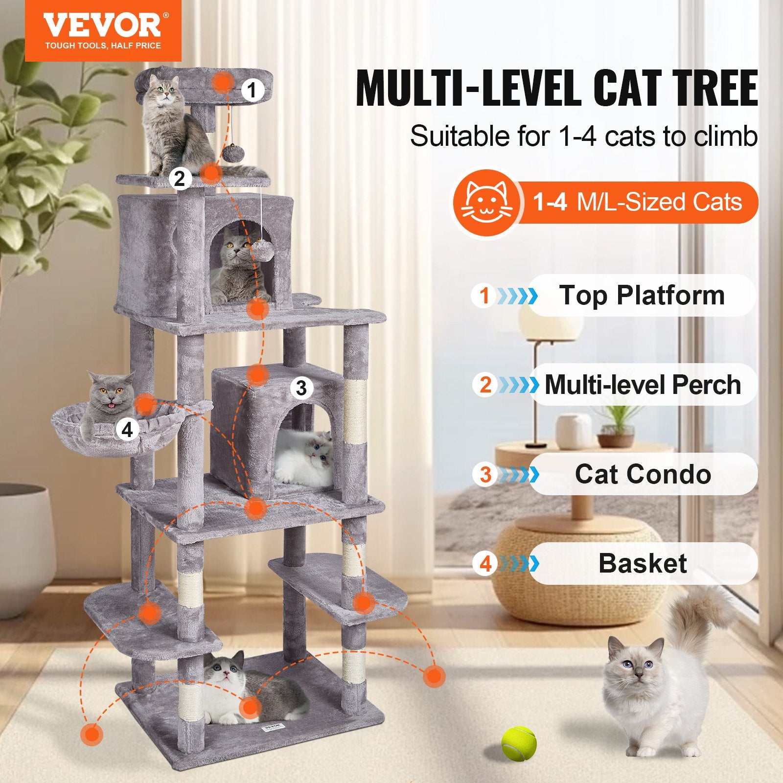 Cat Tree 174 cm Cat Tower with Cat Condos Sisal Scratching Post Light Grey V952-DXSMS8C2FQH03S5QHV0