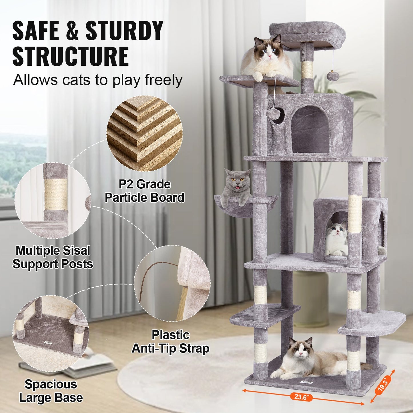 Cat Tree 174 cm Cat Tower with Cat Condos Sisal Scratching Post Light Grey V952-DXSMS8C2FQH03S5QHV0