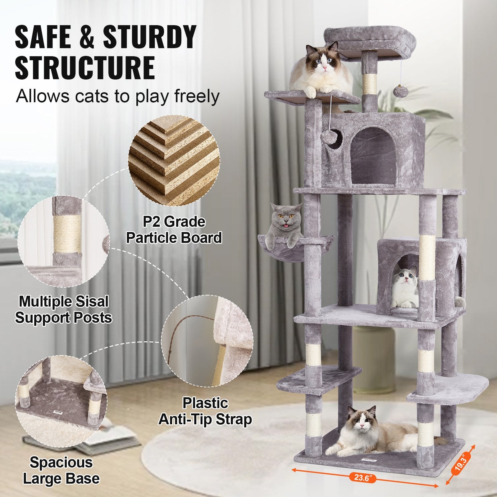 Cat Tree 174 cm Cat Tower with Cat Condos Sisal Scratching Post Light Grey V952-DXSMS8C2FQH03S5QHV0