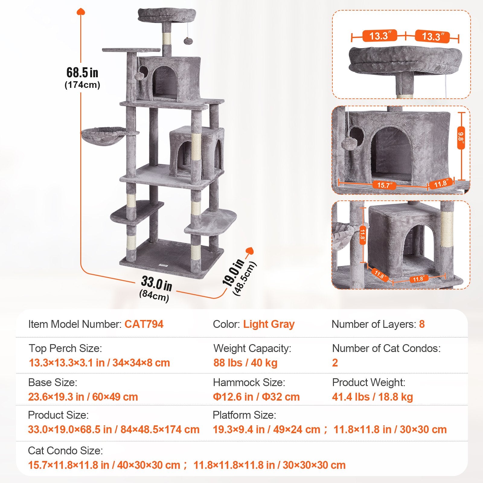 Cat Tree 174 cm Cat Tower with Cat Condos Sisal Scratching Post Light Grey V952-DXSMS8C2FQH03S5QHV0