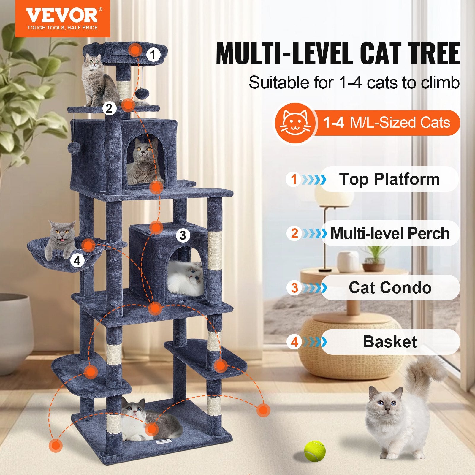 Cat Tree 174 cm Cat Tower with Cat Condos Sisal Scratching Post Dark Grey V952-DXSMS8C2FSH0S4J5KV0