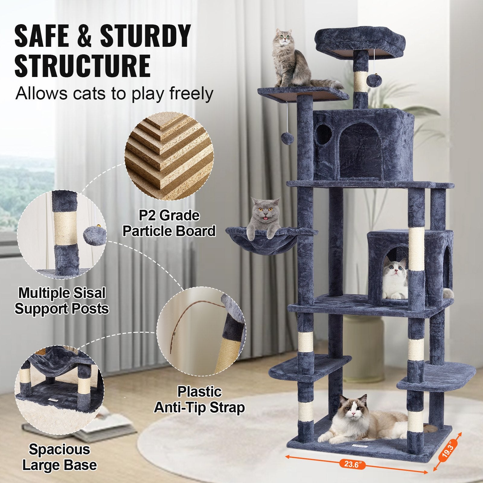 Cat Tree 174 cm Cat Tower with Cat Condos Sisal Scratching Post Dark Grey V952-DXSMS8C2FSH0S4J5KV0