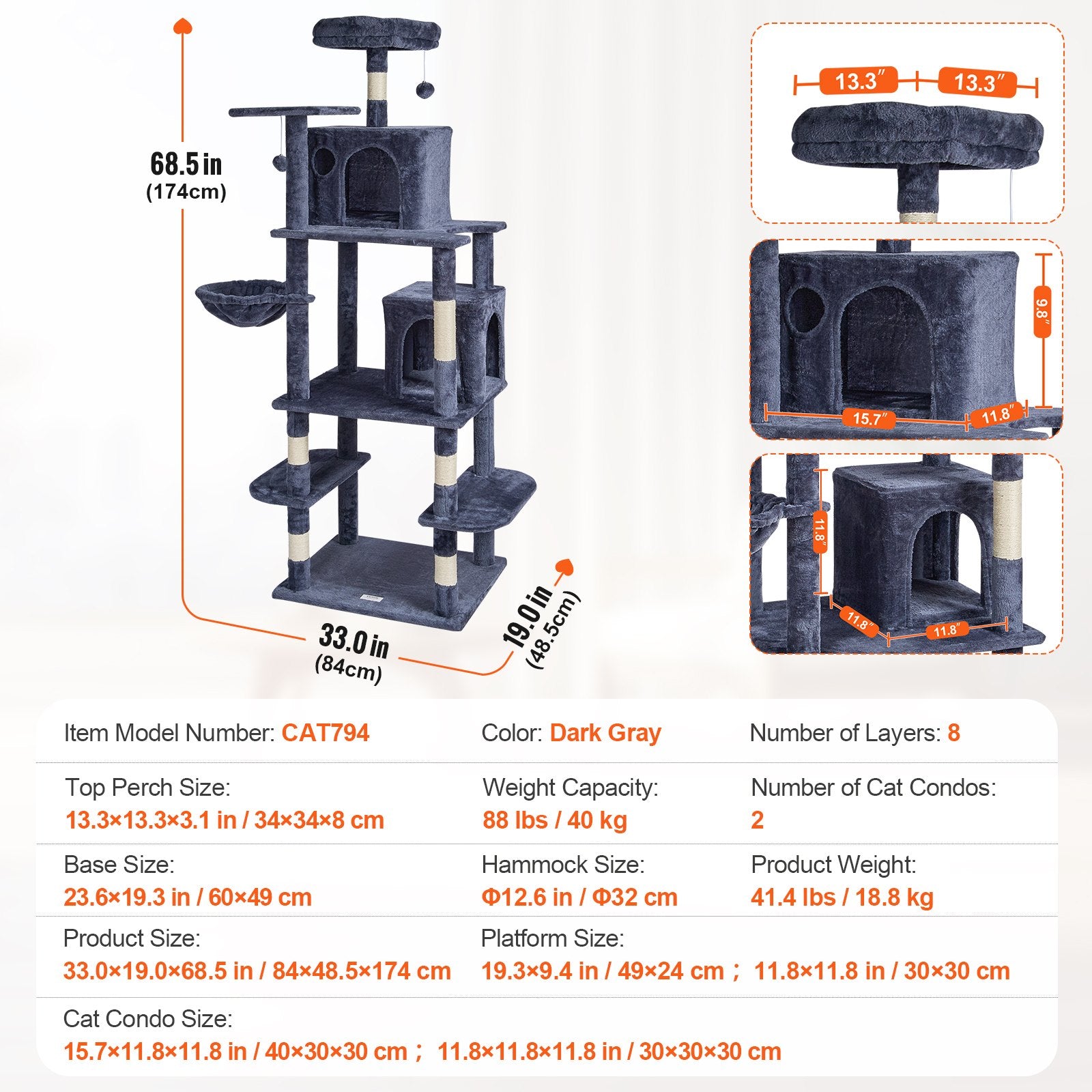 Cat Tree 174 cm Cat Tower with Cat Condos Sisal Scratching Post Dark Grey V952-DXSMS8C2FSH0S4J5KV0