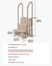 3-Step Taupe Robust Pool Ladder of 2 Handrails for 914.4-1219.2 mm Pools V952-DXYCTLTSFSSLFPJ4ZV0