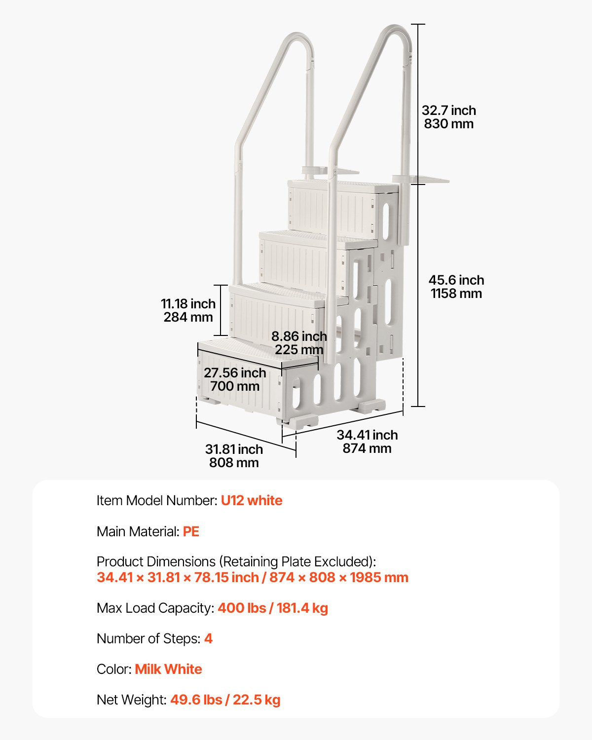 4-Step White Robust Pool Ladder of 2 Handrails for 1219.2-1371.6 mm Pools V952-DXYCTLTSFSSLMT8OVV0