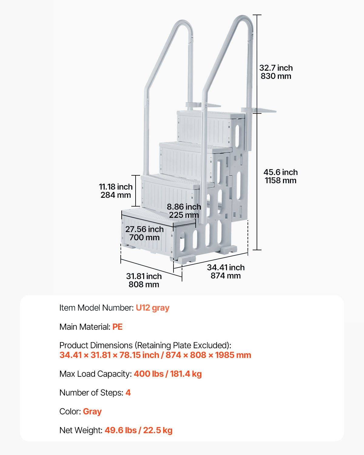 4-Step Grey Robust Pool Ladder of 2 Handrails for 1219.2-1371.6 mm Pools V952-DXYCTLTSFSSLS1J0IV0