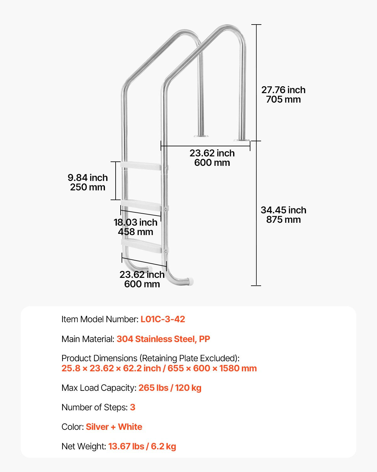 Stainless Steel Pool Ladder 3-Step & 2 Handrails for 1219.2-1371.6 mm Pool V952-DXYCTTBGGBXGDF75YV0