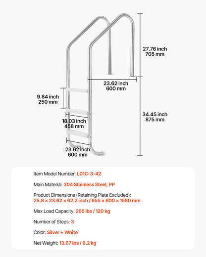 Stainless Steel Pool Ladder 3-Step & 2 Handrails for 1219.2-1371.6 mm Pool V952-DXYCTTBGGBXGDF75YV0