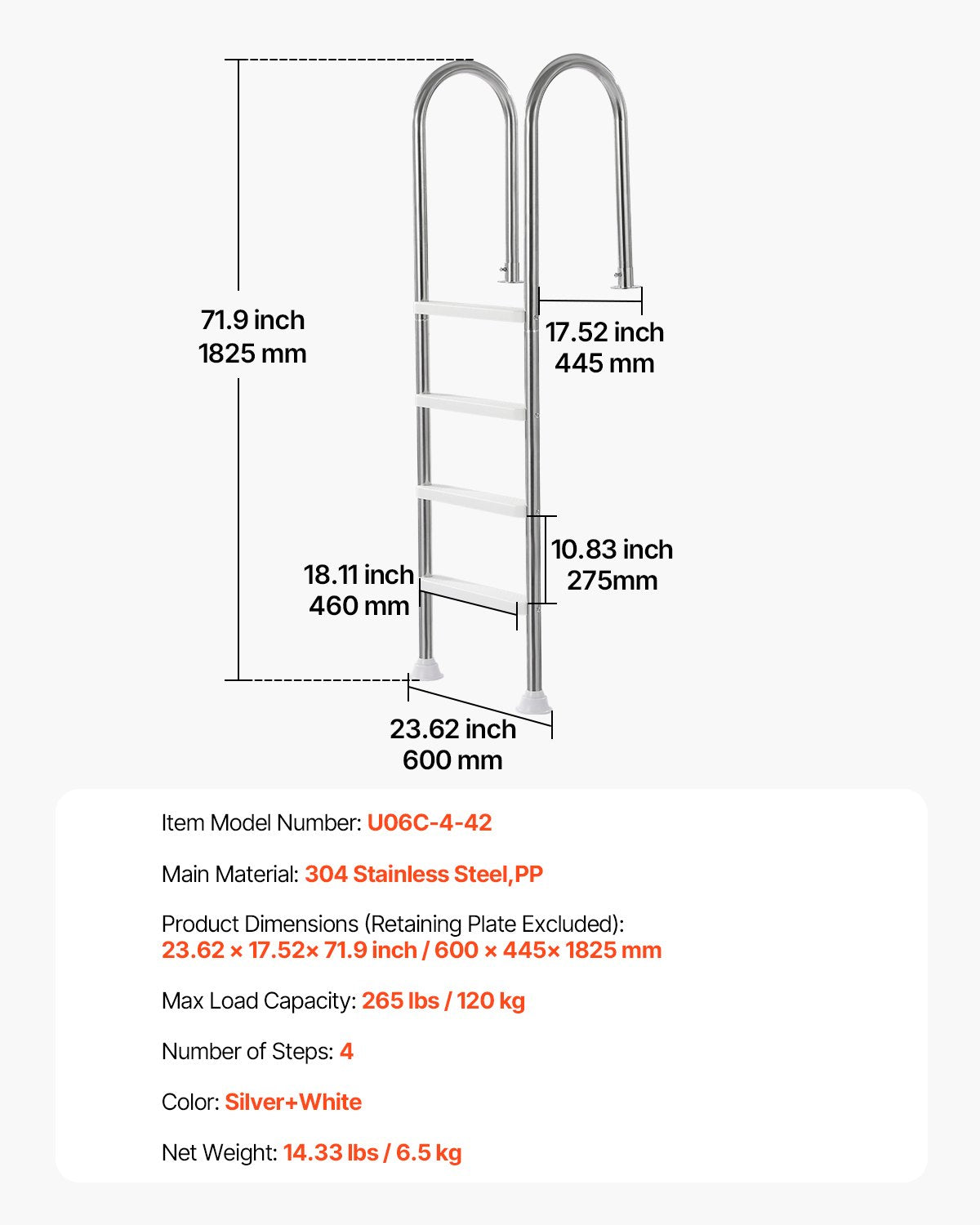 4-Step Stainless Steel Pool Ladder of 2 Handrail for 1371.6 mm Decked Pool V952-DXYCTTBGGBXGT35OAV0