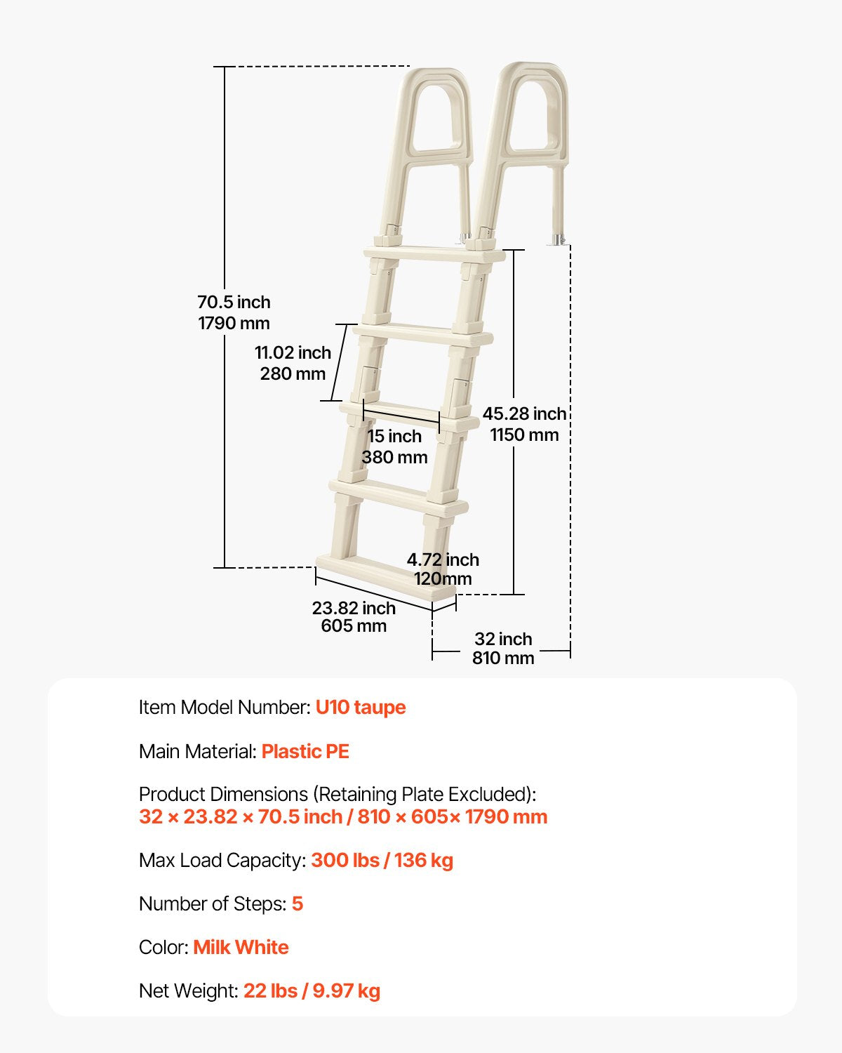 5-Step Inclined Robust Pool Ladder of 2 Handrails for 1219.2-1371.6mm Pool V952-DXYCTTBGGSLBDVP4TV0
