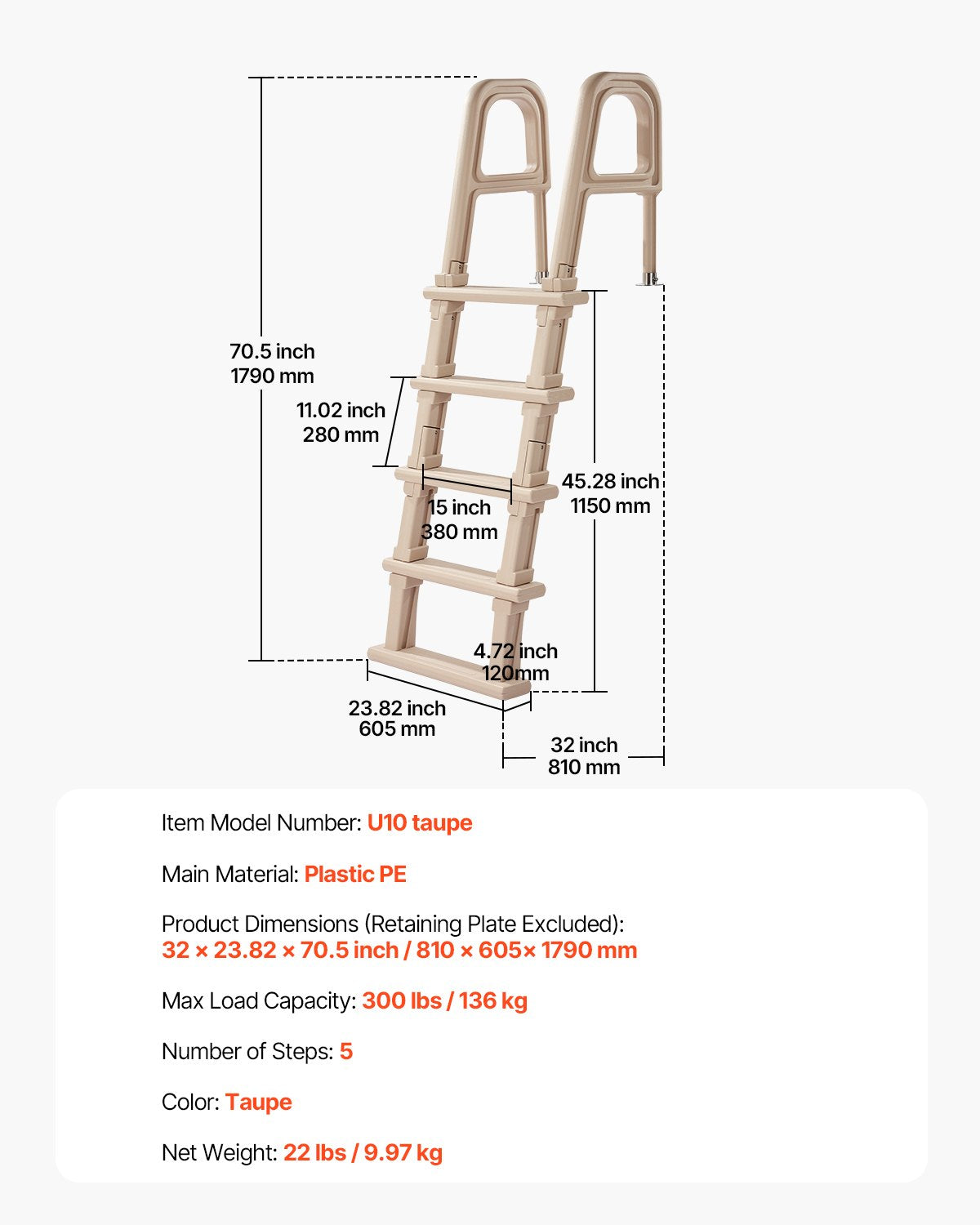 5-Step Inclined Robust Pool Ladder of 2 Handrails for 1219.2-1371.6mm Pool V952-DXYCTTBGGSLHJ6UMVV0