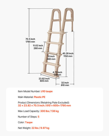 5-Step Inclined Robust Pool Ladder of 2 Handrails for 1219.2-1371.6mm Pool V952-DXYCTTBGGSLHJ6UMVV0