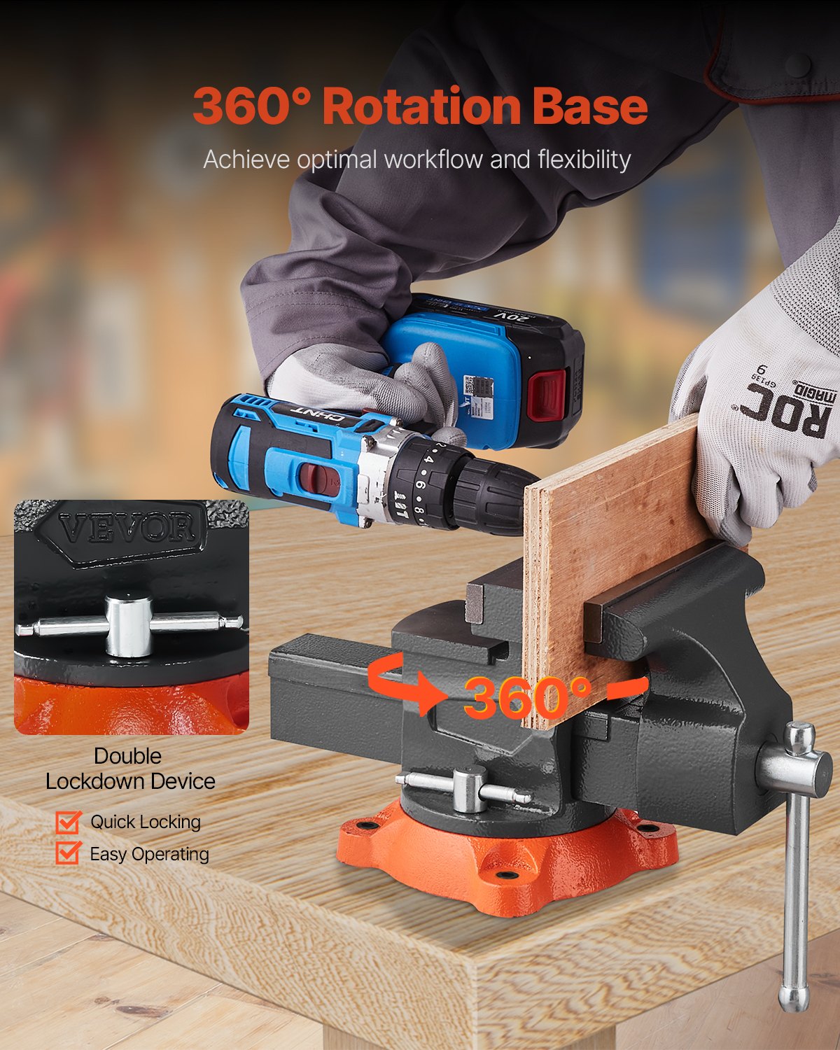 Bench Vise, 140 mm Jaw Width, 140 mm Max Jaw Opening Multipurpose Vise with 360 degrees Swivel Locking Base, V952-DXZSDGNTQ55IFO0S7V0