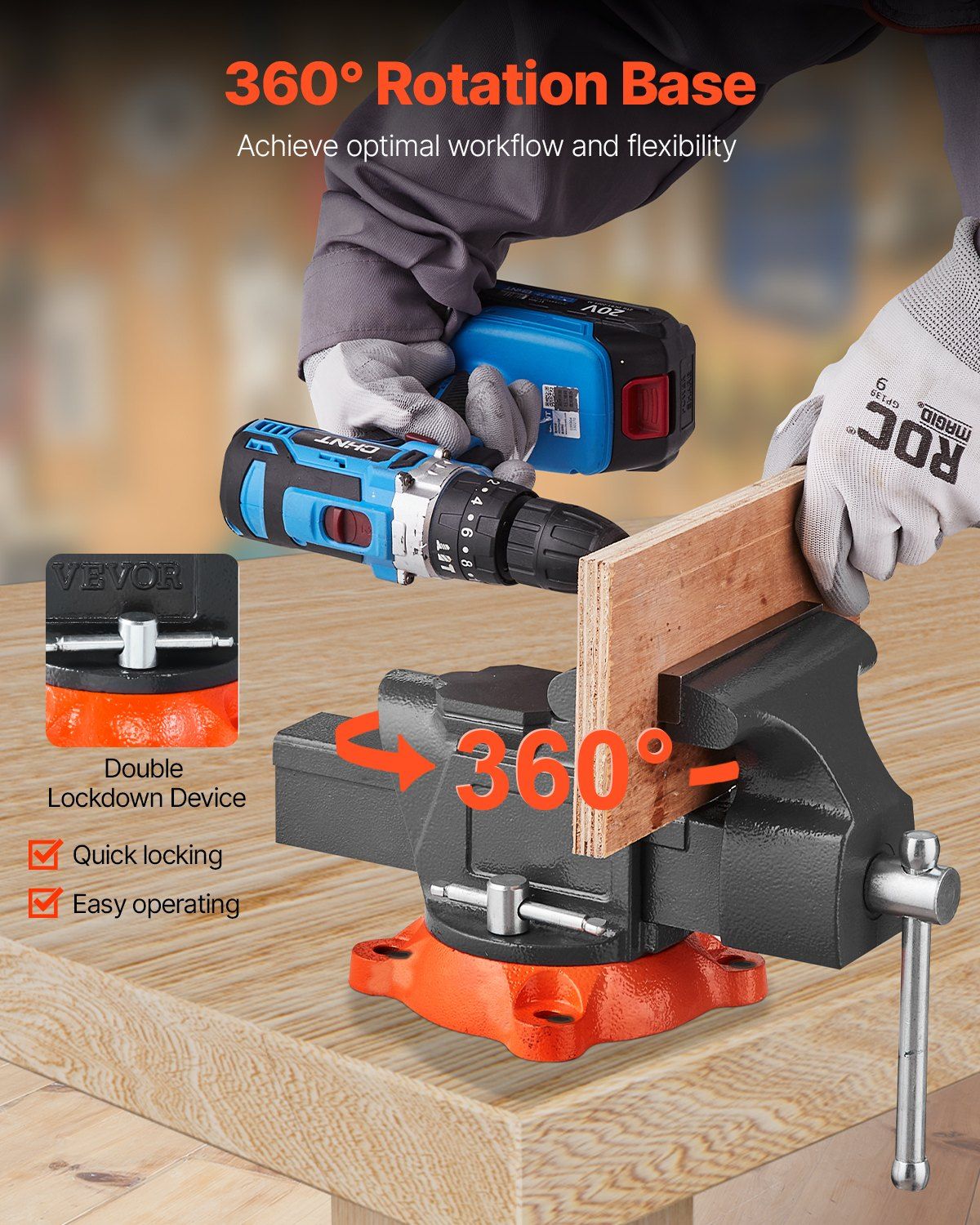 Bench Vise, 127 mm Jaw Width, 125 mm Max Jaw Opening Multipurpose Vise with 360 degrees Swivel Locking Base, V952-DXZSDGNTQ5INLZ20LV0