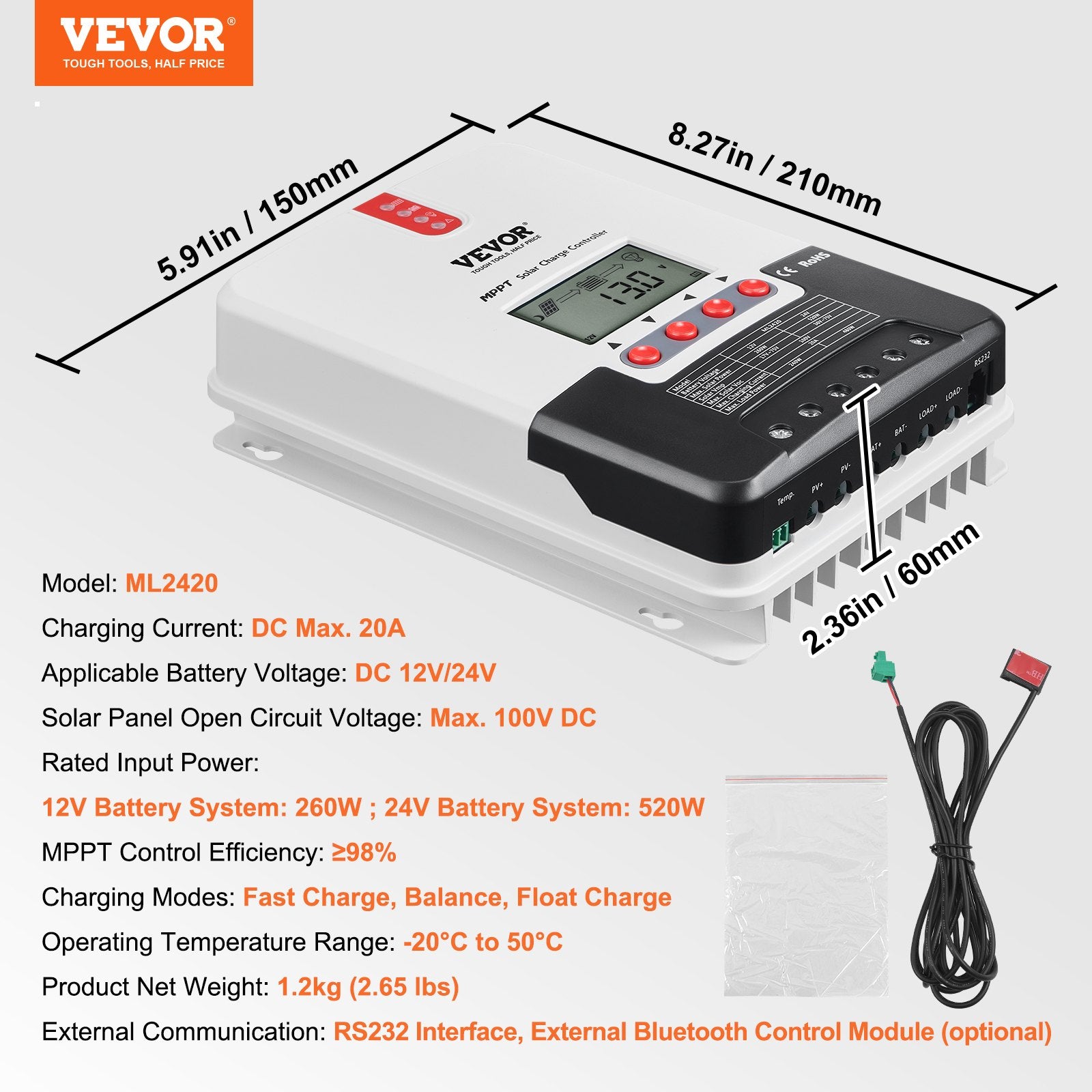 20A MPPT Solar Charge Controller, Auto DC Input, Solar Panel Regulator Charger with LCD Display Temperature V952-DYTYNCDKZQWYXOHN8V9