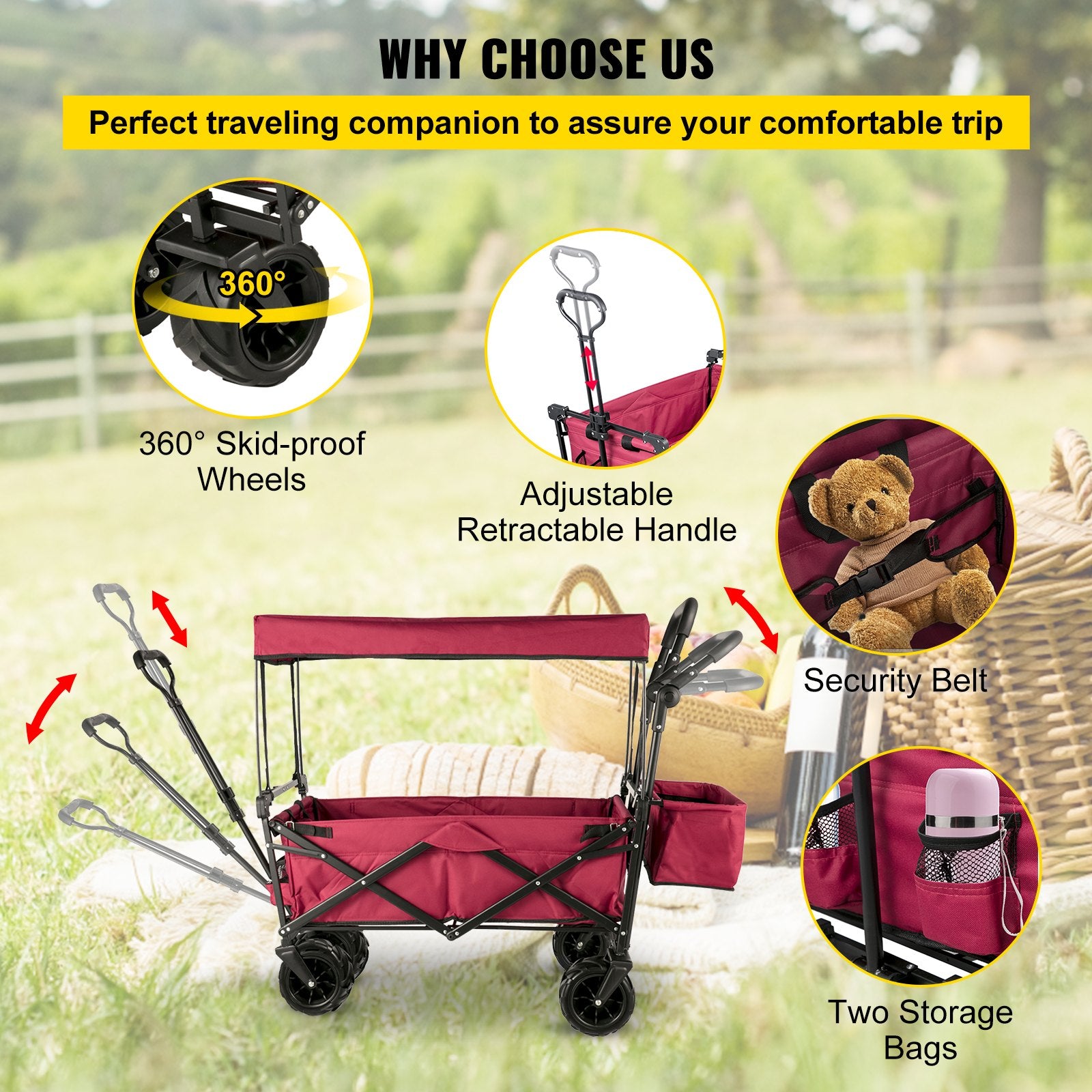 Folding Wagon Cart, Collapsible Folding Garden Cart w/ Shade Beach Utility V952-DZDPTC-RDHSKU0001V0