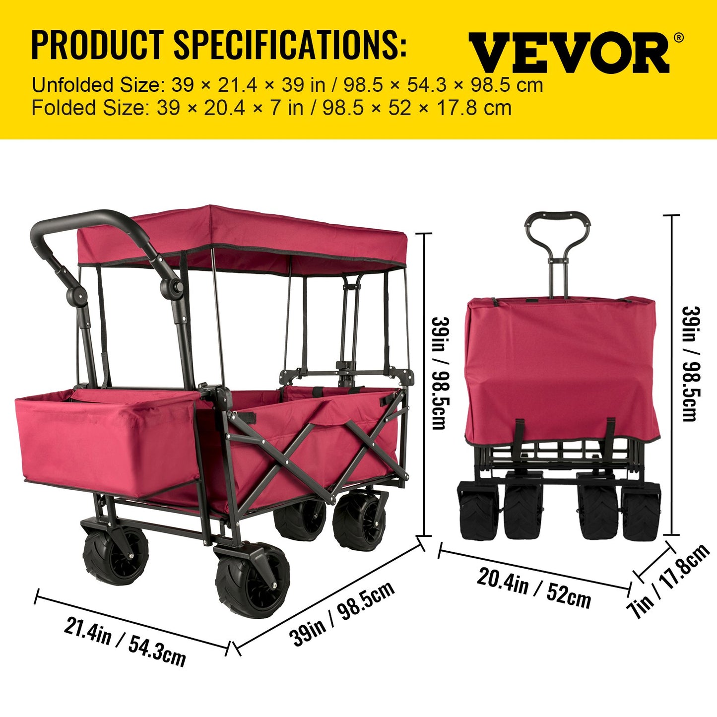 Folding Wagon Cart, Collapsible Folding Garden Cart w/ Shade Beach Utility V952-DZDPTC-RDHSKU0001V0