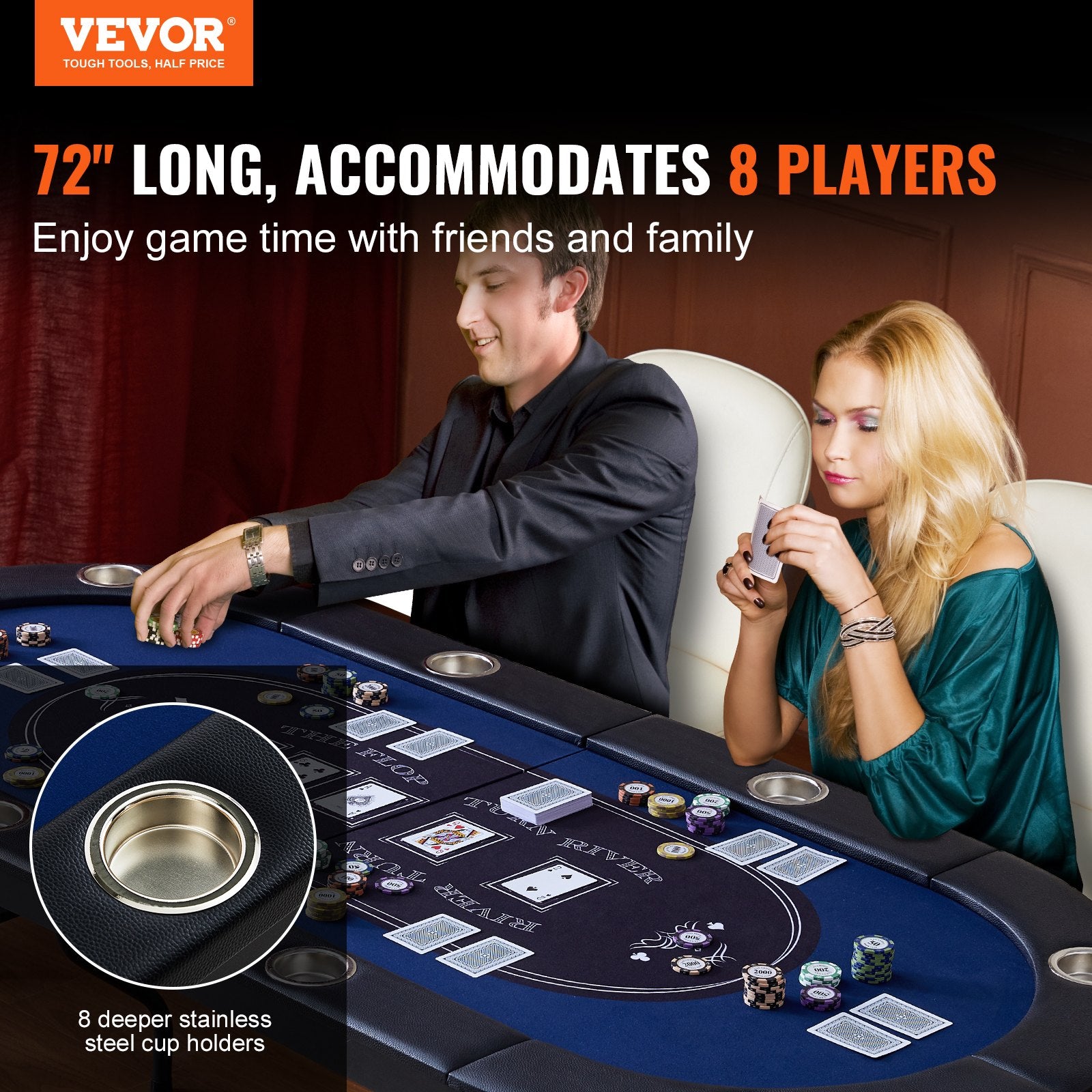 8 Player Foldable Poker Table, Blackjack Texas Holdem Poker Table with Padded Rails and Stainless Steel Cup V952-DZDTZDPKPZ8P95XDIV0