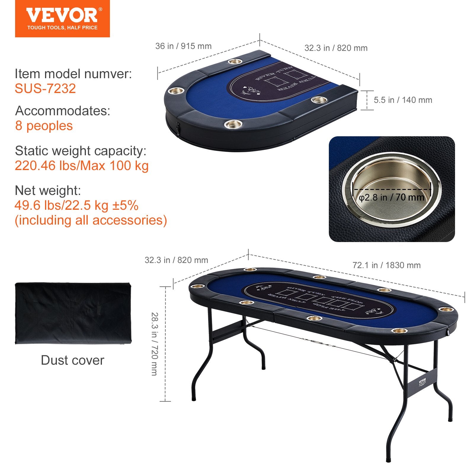 8 Player Foldable Poker Table, Blackjack Texas Holdem Poker Table with Padded Rails and Stainless Steel Cup V952-DZDTZDPKPZ8P95XDIV0