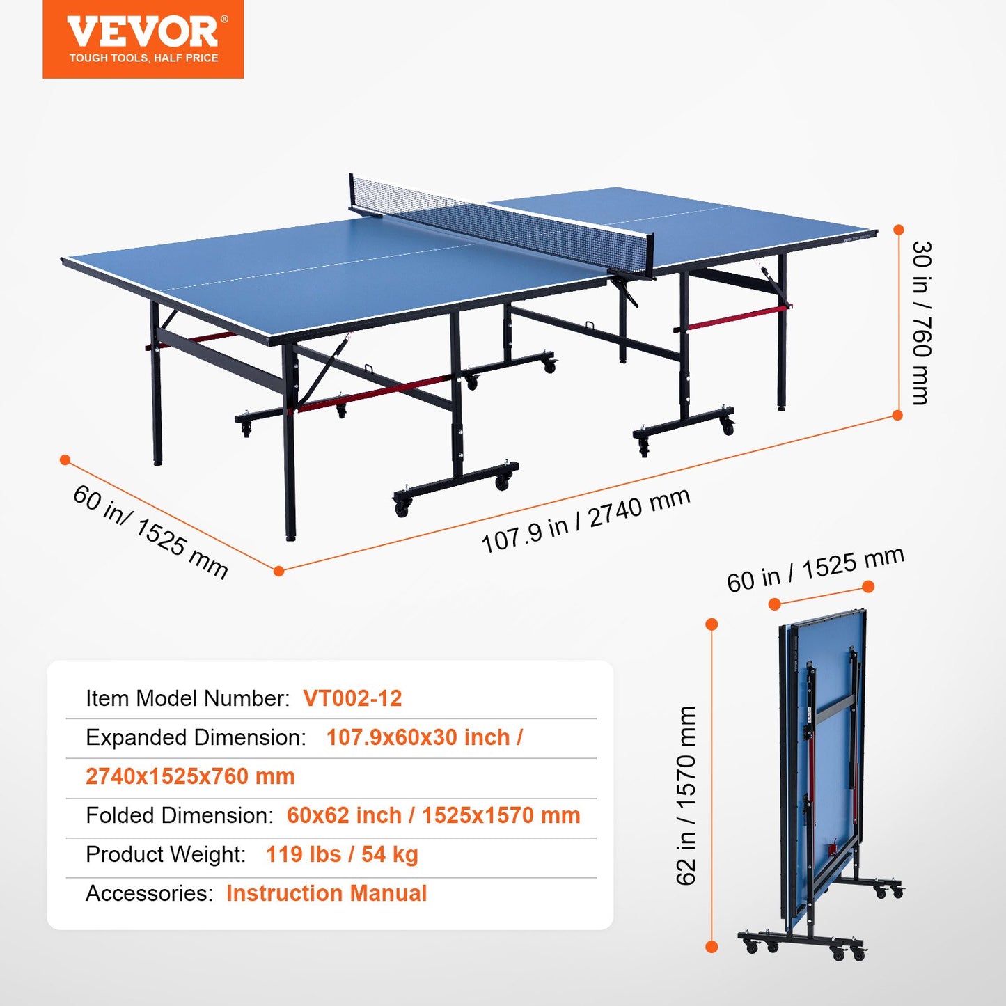 Ping Pong Table Foldable Table Tennis Game Table Indoor with Clamp Net V952-DZDTZDPPQZ12A94CKV0
