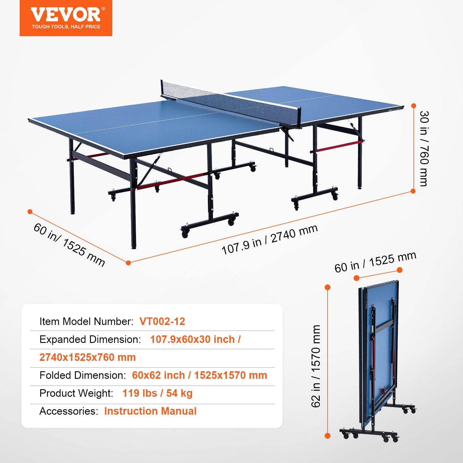 Ping Pong Table Foldable Table Tennis Game Table Indoor with Clamp Net V952-DZDTZDPPQZ12A94CKV0