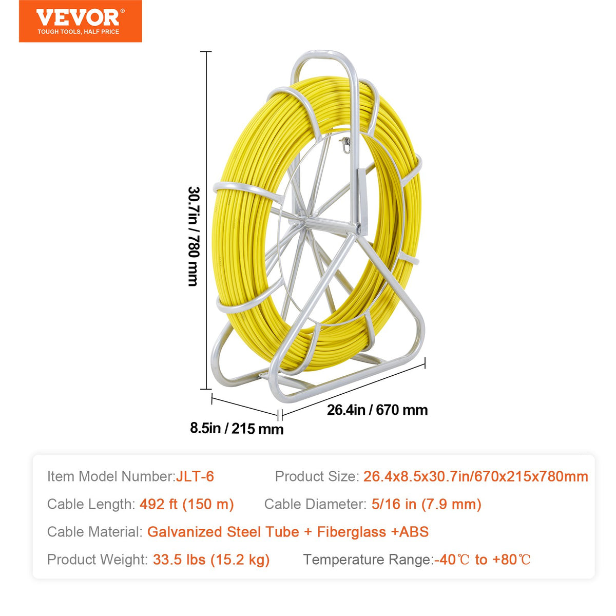 Fish Tape Fiberglass, 150 m, 7.9 mm, Duct Rodder Fishtape Wire Puller, Cable Running Rod with Steel Reel V952-DZJYD516492FT7WCTV0