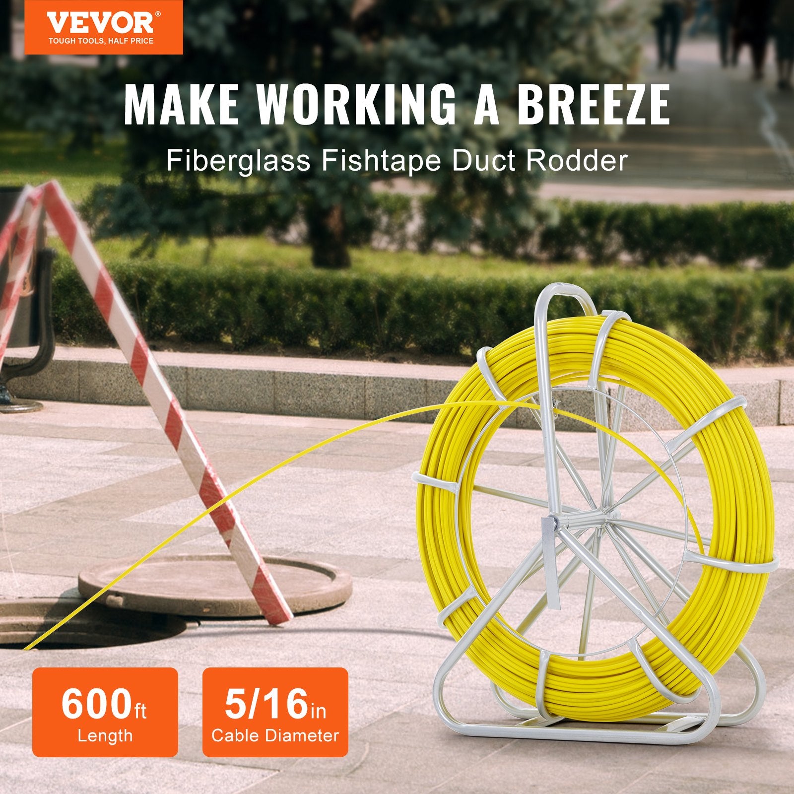 Fish Tape Fiberglass, 182.88 m, 7.9 mm, Duct Rodder Fishtape Wire Puller, Cable Running Rod with Steel Reel V952-DZJYD516600FTVVWSV0