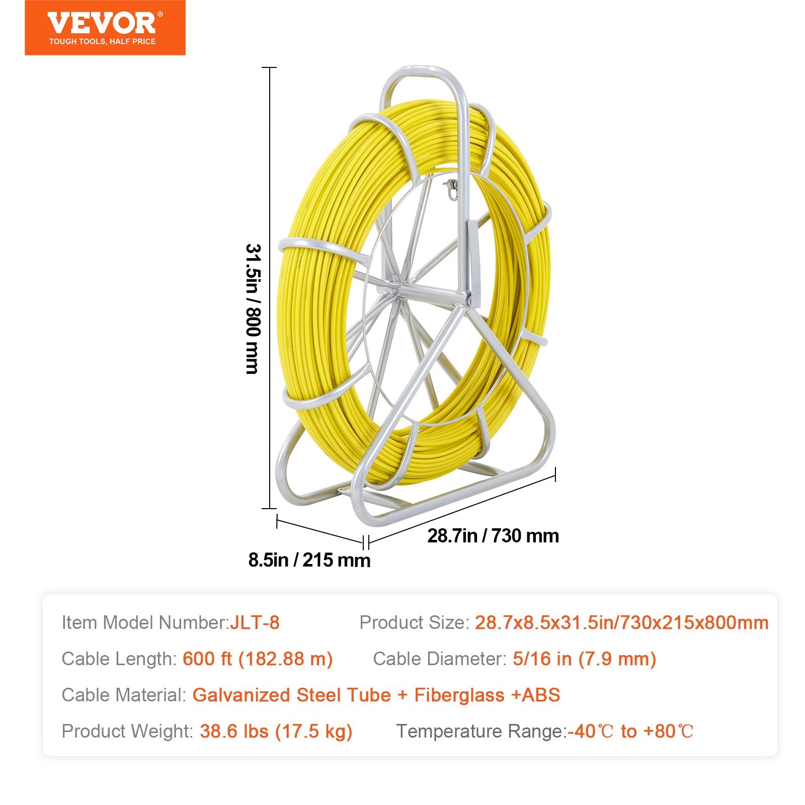 Fish Tape Fiberglass, 182.88 m, 7.9 mm, Duct Rodder Fishtape Wire Puller, Cable Running Rod with Steel Reel V952-DZJYD516600FTVVWSV0