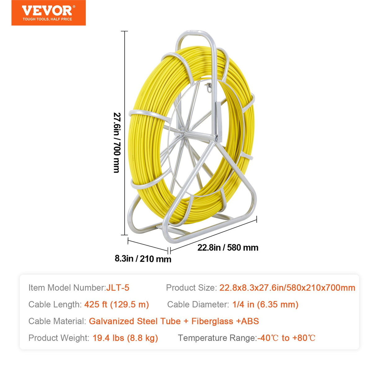 Fish Tape Fiberglass, 129.5 m, 6.35 mm, Duct Rodder Fishtape Wire Puller, Cable Running Rod with Steel Reel V952-DZJYDB14425FT0HH2V0