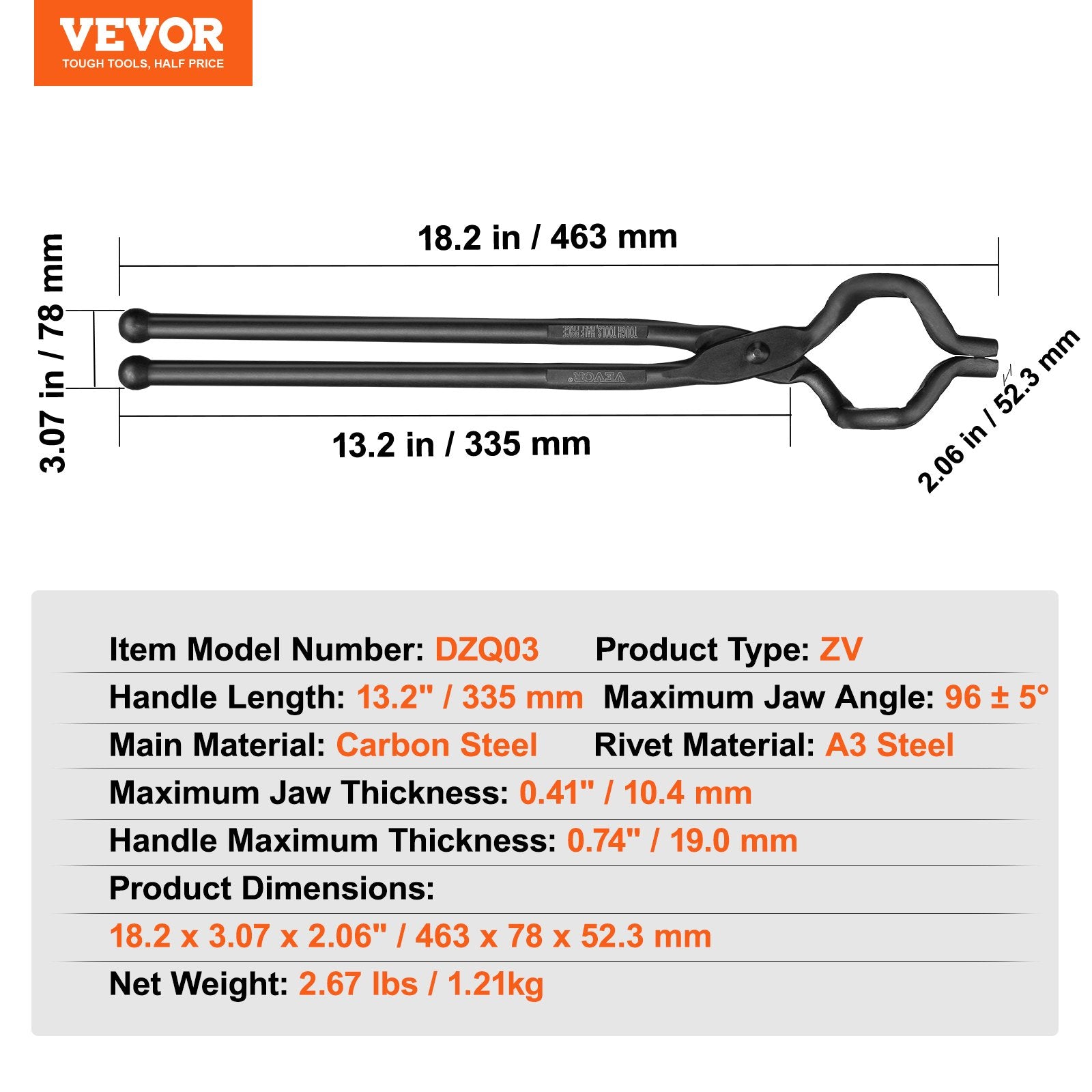 Blacksmith Tongs, 463mm Z V-Bit Tongs, Carbon Steel Forge Tongs with A3 Steel Rivets, for Knife Blades, Long V952-DZQDPQZV18YZLIJY0V0