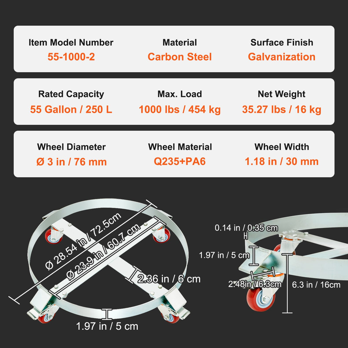 2PCS 250 L Heavy Duty Drum Dolly, 454 kg Load Capacity, Barrel Dolly Cart Drum Caddy, Non Tipping Hand Truck V952-DZTCJ55100042N9RAV0
