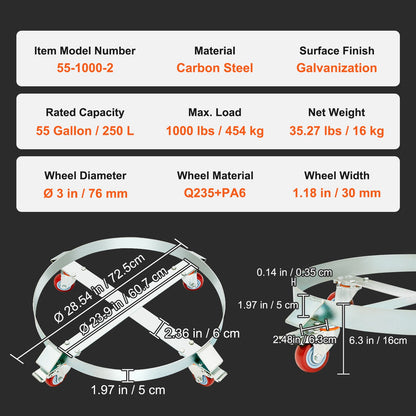 2PCS 250 L Heavy Duty Drum Dolly, 454 kg Load Capacity, Barrel Dolly Cart Drum Caddy, Non Tipping Hand Truck V952-DZTCJ55100042N9RAV0