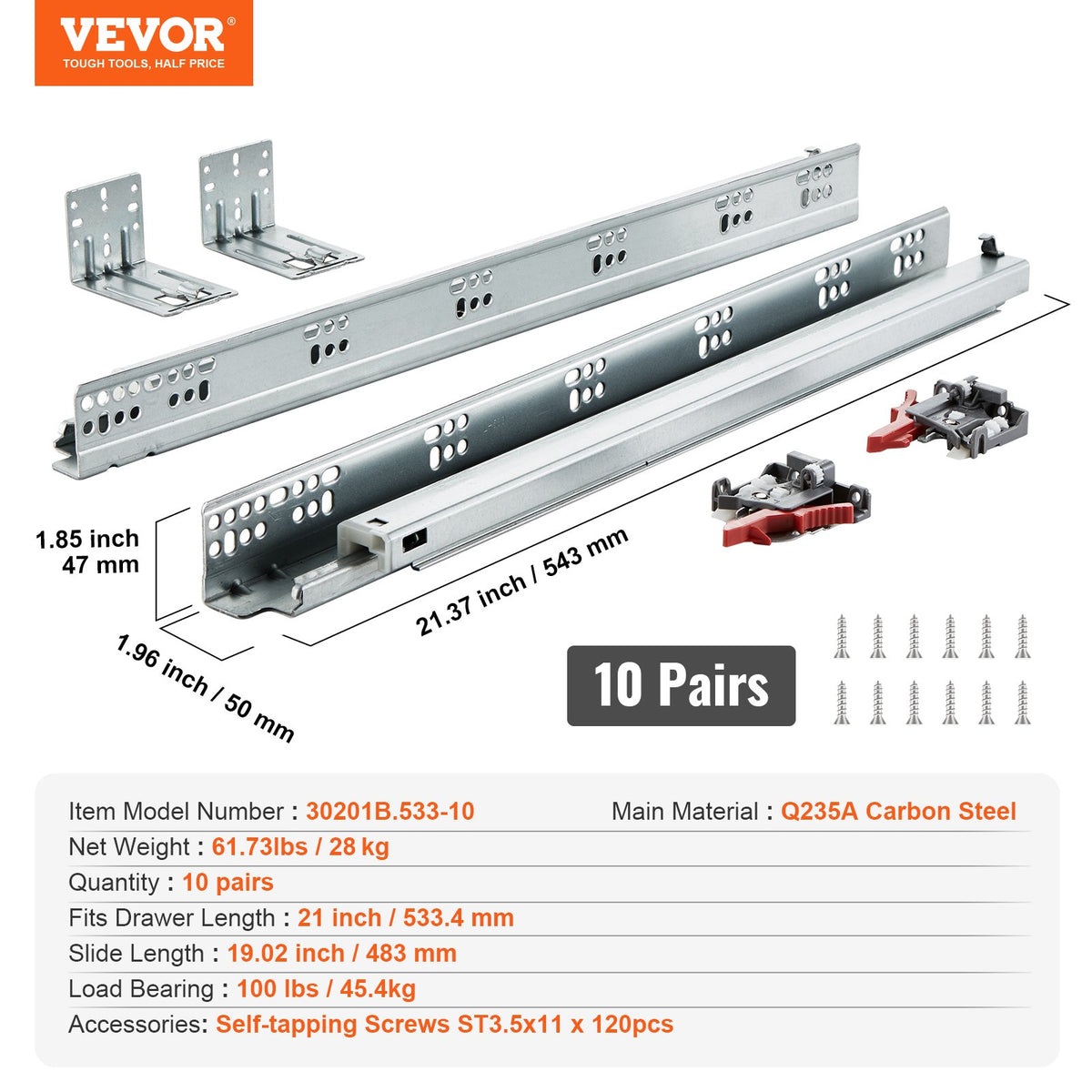 10 Pairs of 533.4mm Drawer Bottom Side Mount Rails, Heavy Duty Full Ball Bearing Extension Steel Track, V952-DZYZSCTHG1001JZM6V0