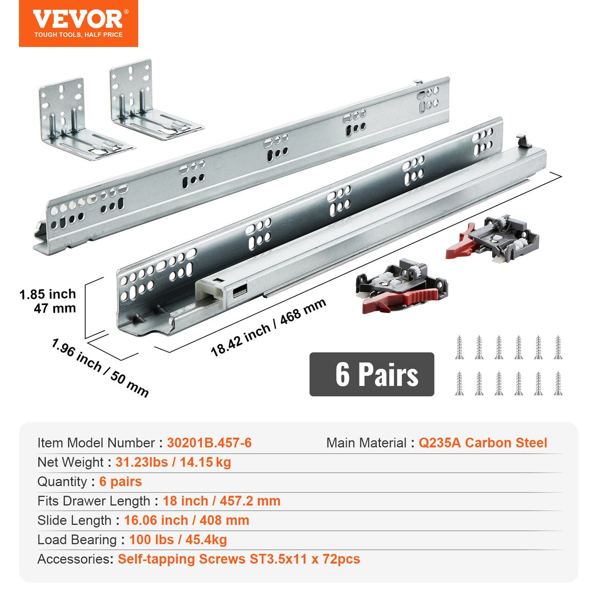 6 Pairs of 457.2mm Drawer Bottom Side Mount Rails, Heavy Duty Full Ball Bearing Extension Steel Track, V952-DZYZSCTHG100X2OPKV0