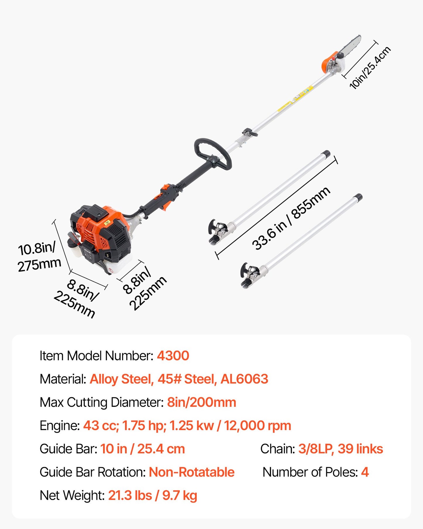 Gas Pole Saw, 43CC 2 Stroke Gas Powered Pole Saws with 25.4 cm Cutting Bar, Cordless Tree Trimmer with V952-ECCYJCS10INCBN4B0002V0