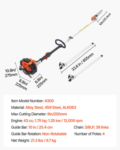 Gas Pole Saw, 43CC 2 Stroke Gas Powered Pole Saws with 25.4 cm Cutting Bar, Cordless Tree Trimmer with V952-ECCYJCS10INCBN4B0002V0