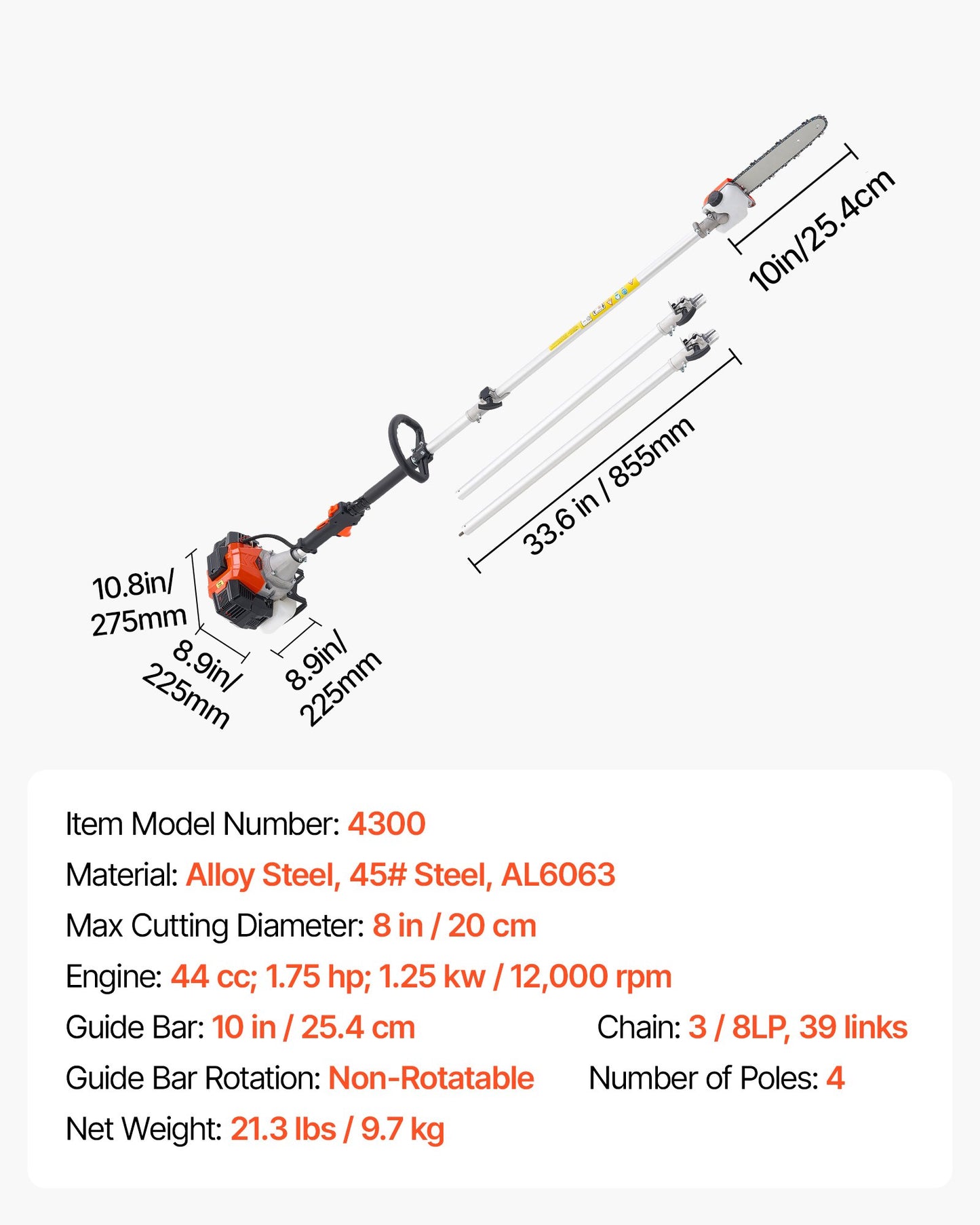 Gas Pole Saw, 33CC 2 Stroke Gas Powered Pole Saws with 20.3 cm Cutting Bar, Cordless Tree Trimmer with 850ml V952-ECCYJCS10INCBO9MA002V0