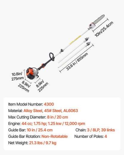 Gas Pole Saw, 33CC 2 Stroke Gas Powered Pole Saws with 20.3 cm Cutting Bar, Cordless Tree Trimmer with 850ml V952-ECCYJCS10INCBO9MA002V0