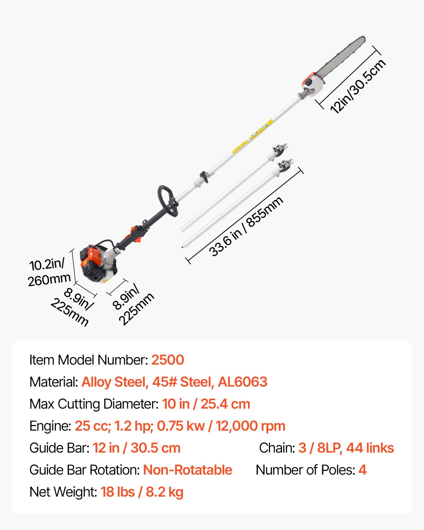 Gas Pole Saw, 25CC 2 Stroke Gas Powered Pole Saws with 30.5 cm Cutting Bar, Cordless Tree Trimmer with 650ml V952-ECCYJCS12INCAT18E002V0