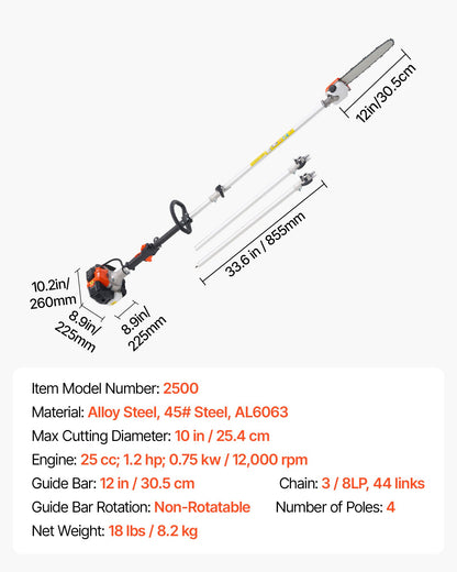Gas Pole Saw, 25CC 2 Stroke Gas Powered Pole Saws with 30.5 cm Cutting Bar, Cordless Tree Trimmer with 650ml V952-ECCYJCS12INCAT18E002V0