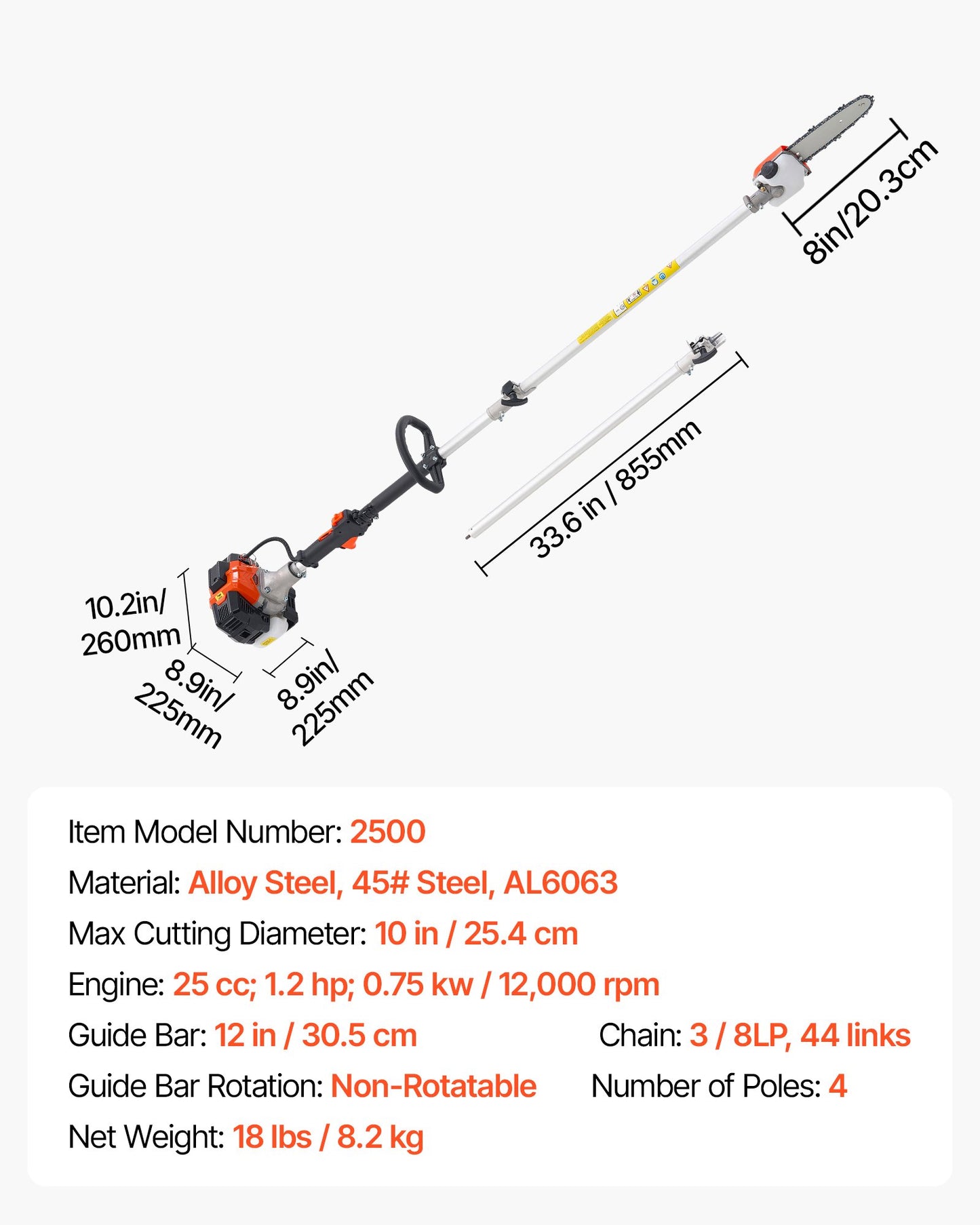 Gas Pole Saw, 25CC 2 Stroke Gas Powered Pole Saws with 20.3 cm Cutting Bar, Cordless Tree Trimmer with 650ml V952-ECCYJCS8INCH86J0A002V0