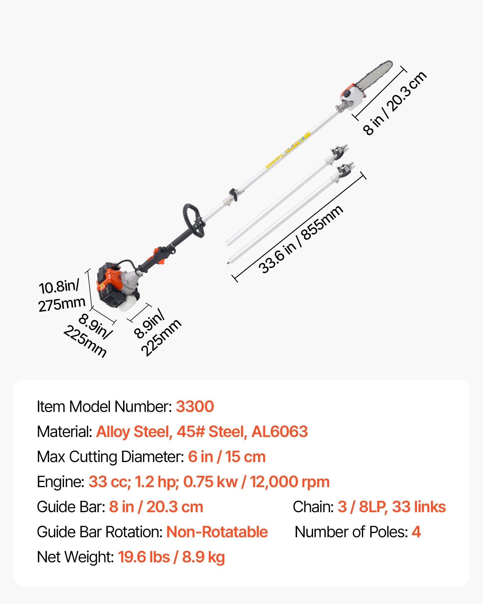 Gas Pole Saw, 33CC 2 Stroke Gas Powered Pole Saws with 20.3 cm Cutting Bar, Cordless Tree Trimmer with 850ml V952-ECCYJCS8INCHCL6X7002V0