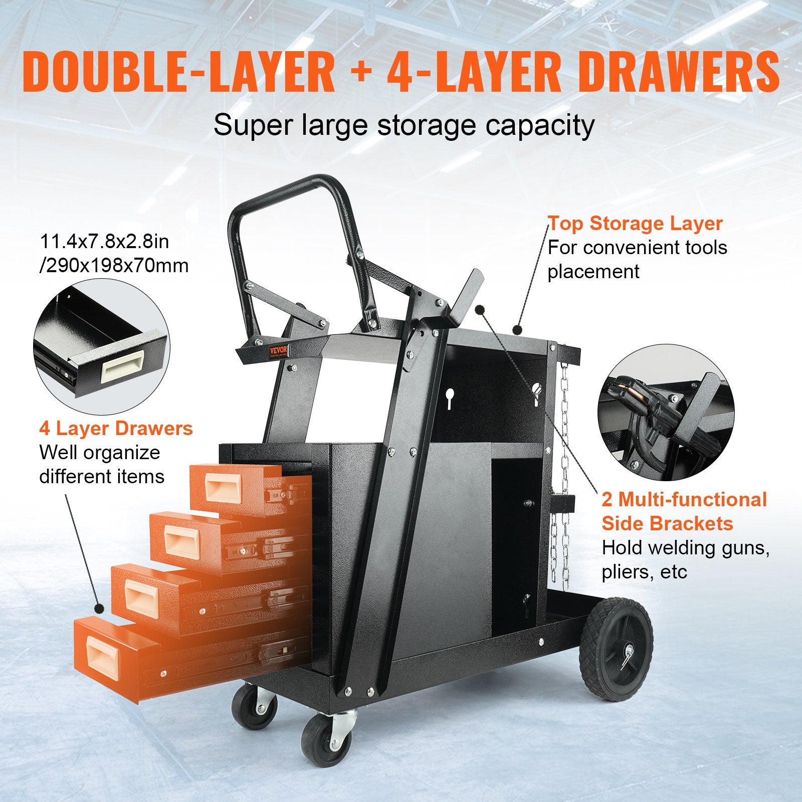 Welding Cart, 2-Tier 4 Drawers Welder Cart with 265 LBS Weight Capacity, Swivel Wheels, Tank Storage Safety V952-ECSTHJTC265LBXFETV0
